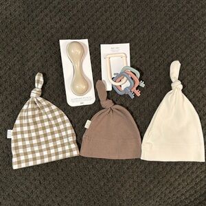3 Newborn caps and 2 Toys-all new